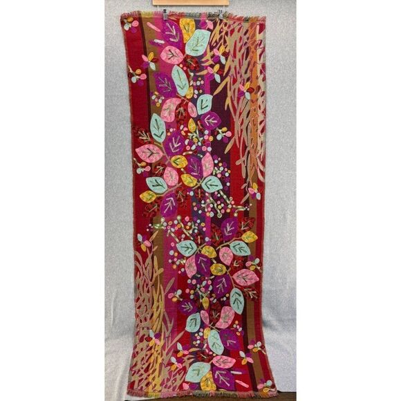 Embroidered Colorful Red Leaf / Floral  Wool?‎ Scarf Shawl Wrap Stole 76" Long - Picture 1 of 14